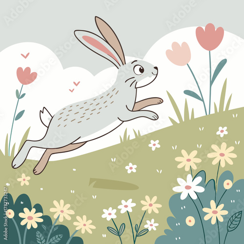 A cheerful hare leaps through a field of wildflowers on a sunny day