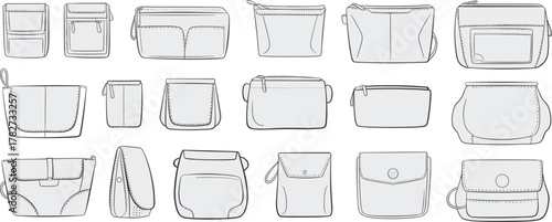 various bag and pouch types, fashion accessory templates, handbag and purse design collection, sewing pattern outlines, cad drawing flat vector illustration