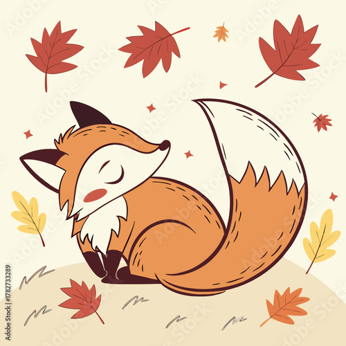 A cute fox is resting peacefully under the falling autumn leaves in nature