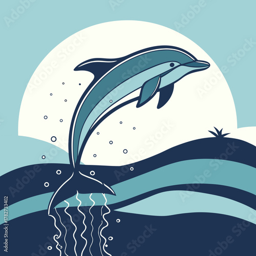 A playful dolphin leaps from the ocean waves under the bright sun