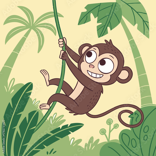 Cartoon monkey swinging on a vine in the jungle with palm trees around