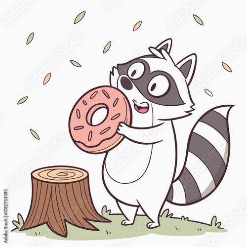 Cartoon raccoon holding a donut with tree stump
