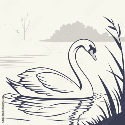 Elegant swan gracefully swimming in a serene lake with reeds and trees