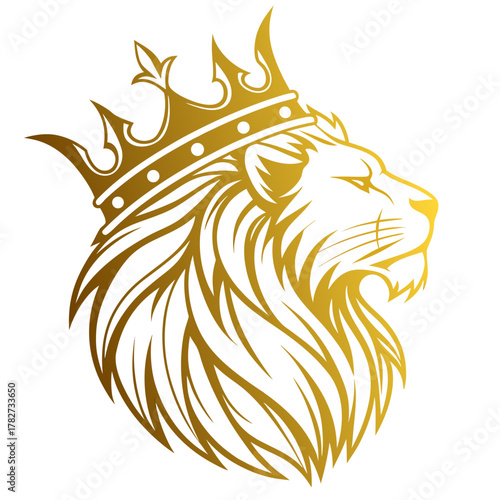 Golden lion head with crown, majestic and regal