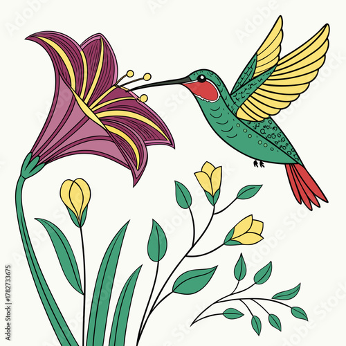 Hummingbird drinking nectar from a purple lily