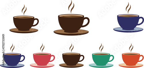 Colorful steaming coffee cups on saucers, flat vector illustration, simple cartoon style, hot beverage design, cozy morning drink, CAD drawing