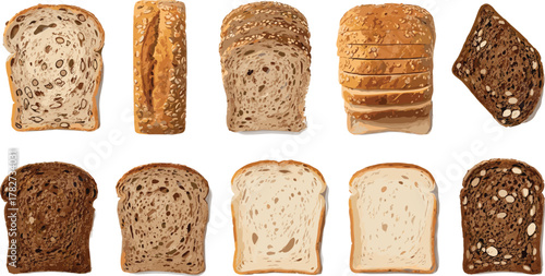 Variety of sliced bread types illustration isolated on white background, perfect for bakery branding, breakfast designs, food packaging, healthy eating concepts, and menus