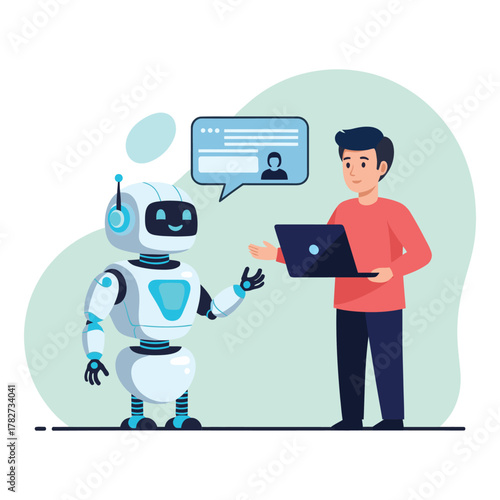 Man interacting with a friendly robot and using a laptop