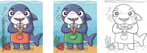 Cute cartoon shark drinking bubble tea underwater, adorable marine animal illustration, ocean character design, coloring page concept for kids