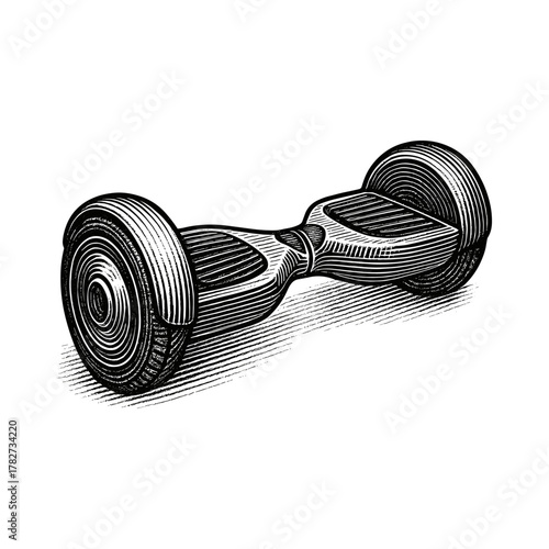 An electric hoverboard engraving illustration, drawn in an engraved, woodcut style with fine details sketch engraving vector illustration. Scratchboard imitation. Black and white image. flat vector