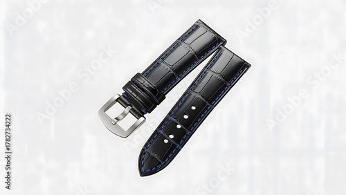 Elevate your timepiece with a stylish black alligator-grain leather watch strap featuring elegant blue stitching, perfect for luxury brands and fashion accessories