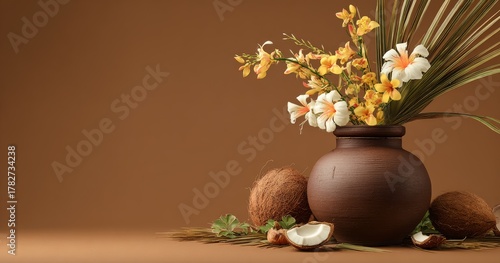 Beautiful Floral Arrangement in a Clay Vase With Coconuts on a Brown Background
