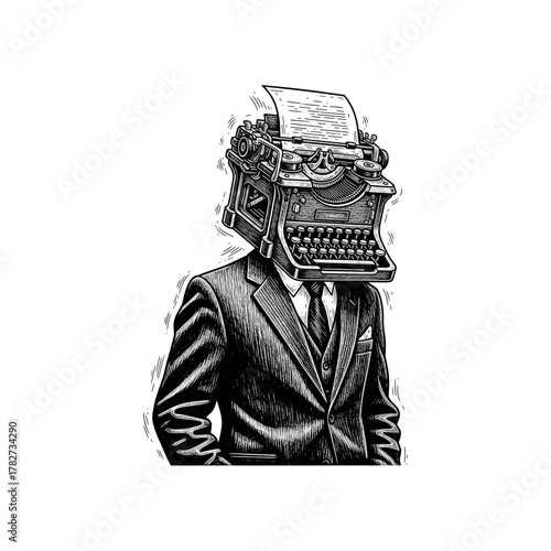Engraved A man in suit with typewriter as head illustration. Scratchboard imitation. Black and white image. flat vector