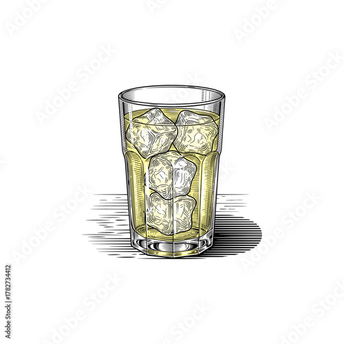 Lemonade with ice cube engraving illustration, drawn in an engraved, woodcut style with fine details sketch engraving vector illustration. Scratchboard imitation. flat vector