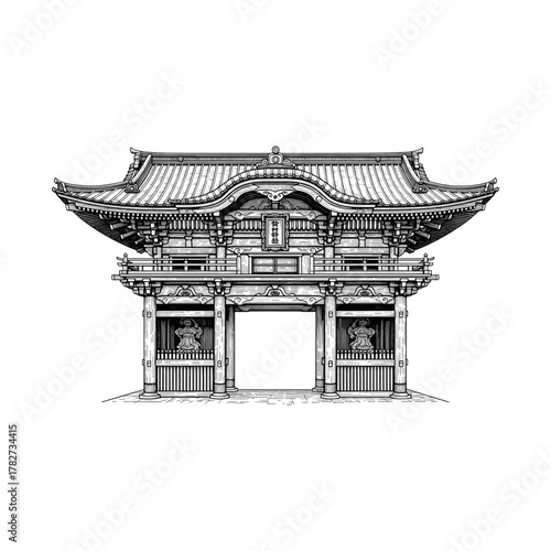 Japanese Temple Gate Engraving Illustration, drawn in an engraved, woodcut style with fine details sketch engraving vector illustration. Scratch board imitation. Black and white image. flat vector