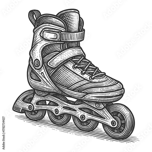 Roller skate engraving illustration, drawn in an engraved, woodcut style with fine details sketch engraving vector illustration. Scratchboard imitation. Black and white image. flat vector
