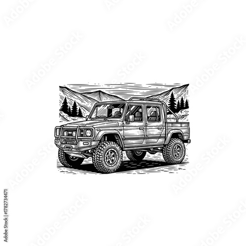 Offroad truck on mountains engraving illustration, drawn in an engraved, woodcut style with fine details sketch engraving vector illustration. Scratchboard imitation. Black and white image