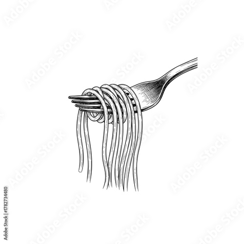 Pasta engraved illustration. Black and white sketch, icon logo flat vector design