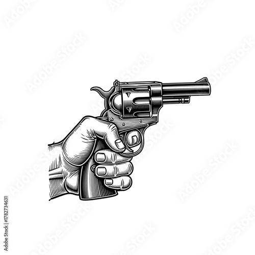 Aiming with gun, Revolver in hand Engraving Illustration, drawn in an engraved, woodcut style with fine details sketch engraving vector illustration.Black and white image. flat vector