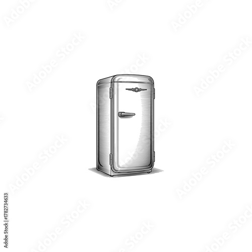 Retro refrigerator engraving illustration, drawn in an engraved, woodcut style with fine details sketch engraving vector illustration. Scratchboard imitation. Black and white image. flat vector