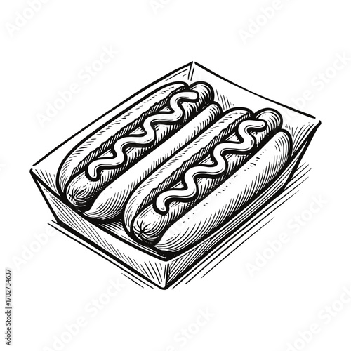A box of hotdogs engraving illustration. Scratchboard imitation. Black and white image. flat vector
