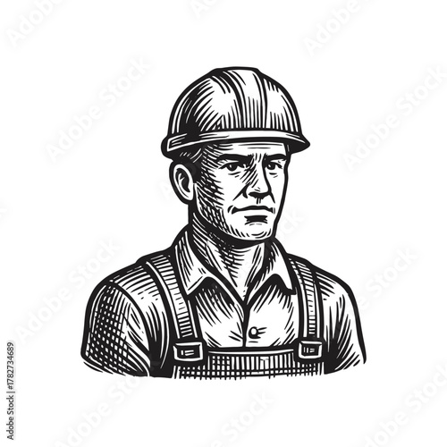 A labour, Worker engraving illustration. Scratchboard imitation. Black and white image. flat vector