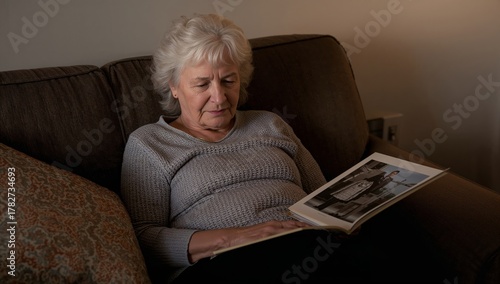 Older Woman Reading a Photo Album on a Cozy Couch in a Warm, Softly Lit Livin...