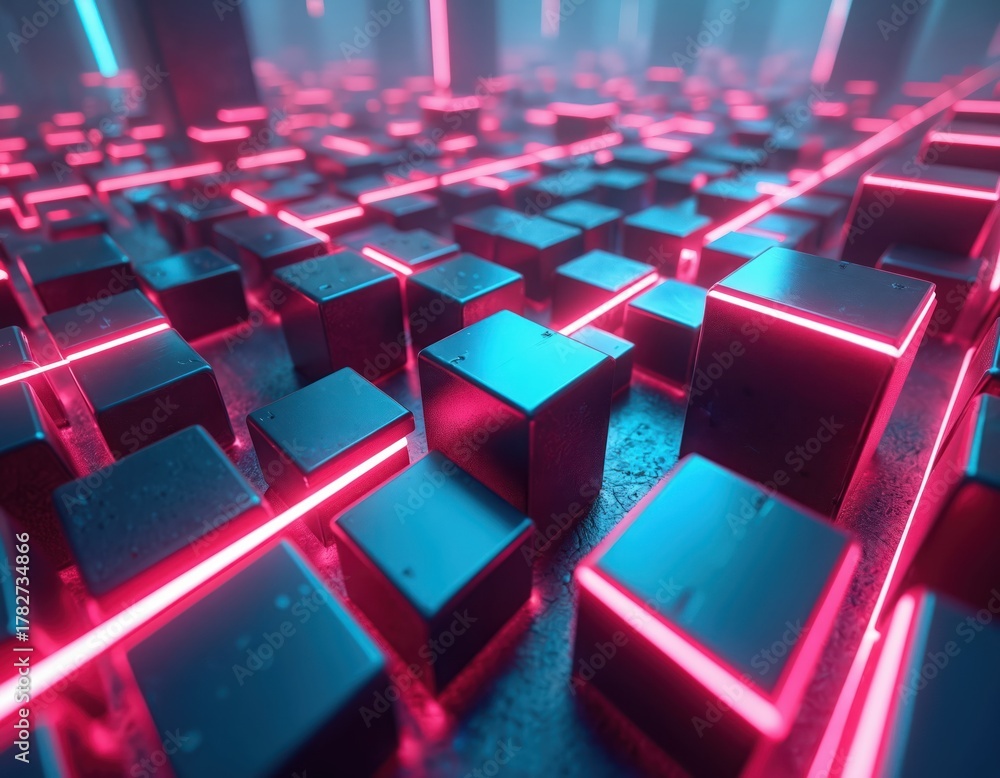 Fototapeta premium Rows of cubes with neon pink and blue light edges create a futuristic maze pattern. The grid like arrangement suggests complexity and technology in a digital abstract space.