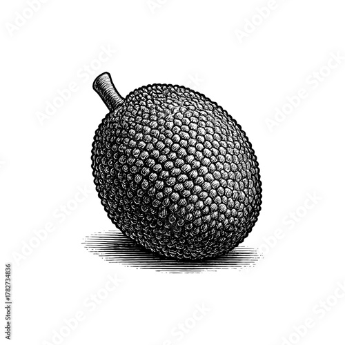 Jackfruit engraving illustration. Scratchboard imitation. Black and white image. flat vector