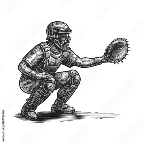 A baseball catcher keeper engraving illustration. Scratchboard imitation. Black and white image. flat vector 