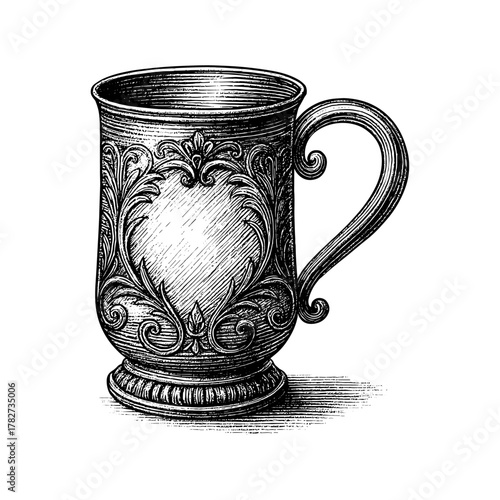 Antique Silver Mug engraving illustration, drawn in an engraved, woodcut style with fine details sketch engraving vector illustration. Scratch board imitation. Black and white image. flat vector