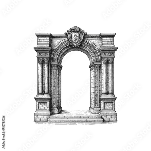 Classical arch gate engraving illustration, drawn in an engraved, woodcut style with fine details sketch engraving vector illustration. Scratch board imitation. Black and white image. flat vector