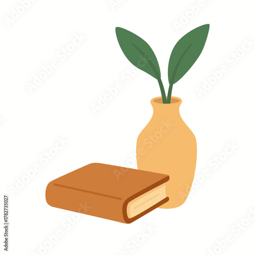 Decorative Book with Vase and Green Leaves Illustration