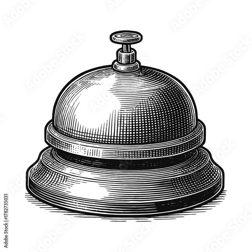 Hotel Reception Call Bell, Retro desk bell engraving illustration, drawn in an engraved, sketch engraving vector illustration. Scratchboard imitation. Black and white image. flat vector