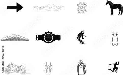 Black arrow wavy lines geometric shape horse forest watch skateboard dog motorcycle spider bag