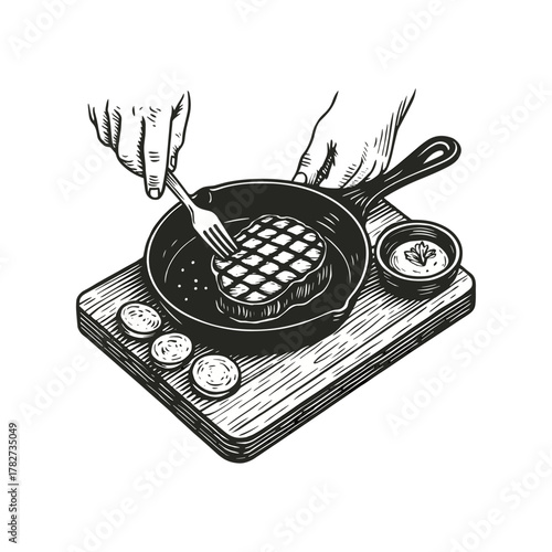 Hands cooking beef steak engraving illustration. Scratchboard imitation. Black and white image. flat vector