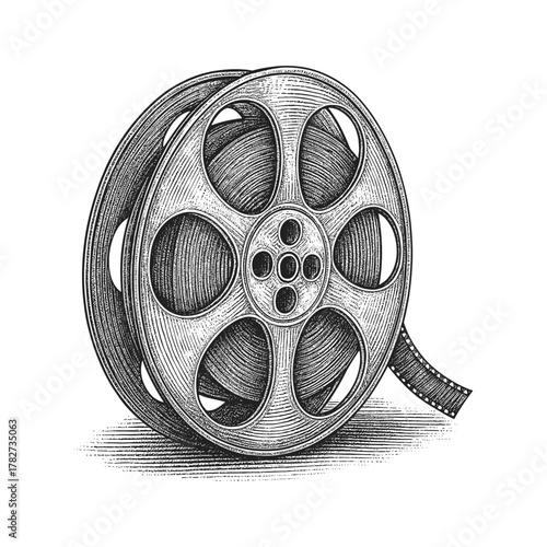 Film reel engraving illustration. Scratchboard imitation. Black and white image. flat vector 