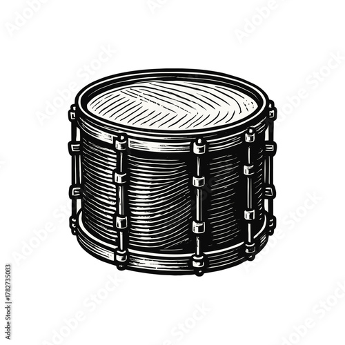 Musical drum engraving illustration. Scratchboard imitation. Black and white image. flat vector
