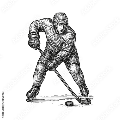 Ice hockey player engraving illustration, drawn in an engraved, woodcut style with fine details sketch engraving vector illustration. Scratchboard imitation. Black and white image. flat vector