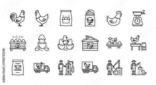 Collection of black and white line art icons depicting chicken farming and egg production, , showcasing poultry and agriculture