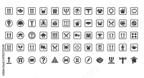 Collection of packaging symbols for shipping and handling, ensuring safe delivery and proper care of goods