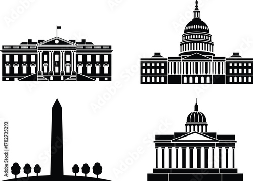 Washington D.C. Landmark Silhouettes – White House, Capitol, Lincoln Memorial, Washington Monument – Historic Architecture, Government Icons, Patriotic Vector Illustration