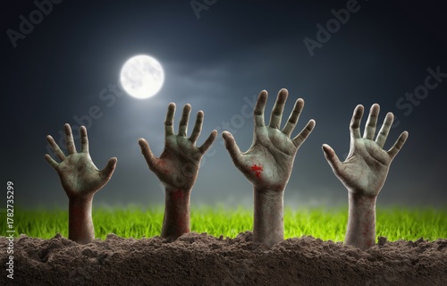 From the dark earth, hands rise towards the moonlit sky, evoking themes of life after death and the mysteries of existence as shadows halloween