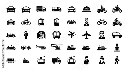 Set of transportation icons in black and white, including cars, taxis, trucks, vans, motorcycles, bicycles, trams, trains, buses, and airplanes