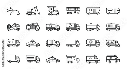 Collection of various truck icons representing different types of vehicle vector illustration set design