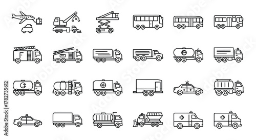 Collection of transportation icons in outline style for web design, app design, and infographic projects