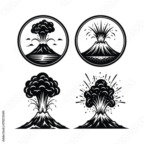 Set of four stylized volcano eruption icons
