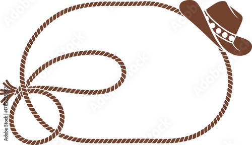 Western cowboy hat with decorative lasso rope loop in brown vector style for ranch design, rodeo themes, and country graphics