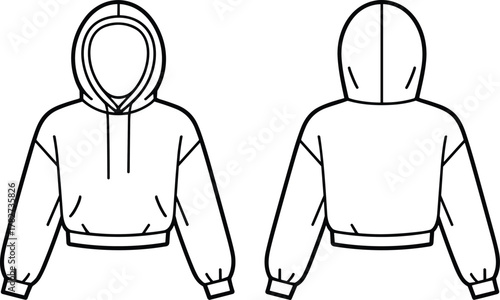 Cropped hoodie front and back view, long sleeve fashion sketch, hooded sweatshirt template, vector casual apparel design drawingCropped hoodie front and back view, long sleeve fashion sketch, hooded 