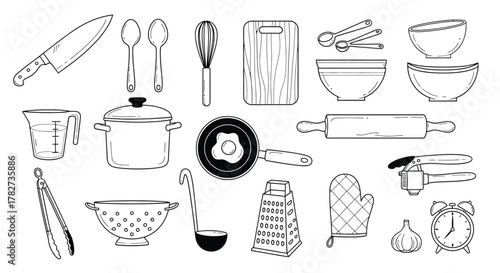 Hand drawn kitchen utensils and cooking tools for culinary design, restaurant menu, cookbook, and food blog